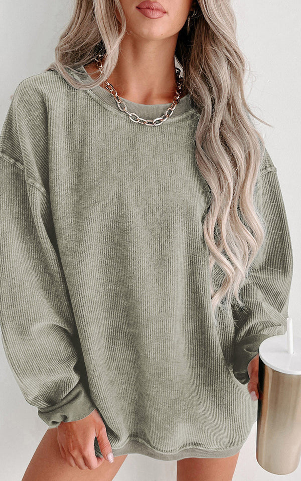 Ribbed Knit Round Neck Sweatshirt | Green