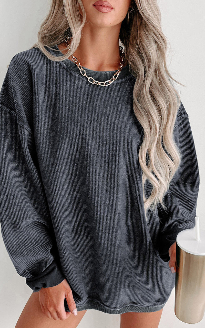 PRE ORDER Ribbed Knit Round Neck Sweatshirt | Grey