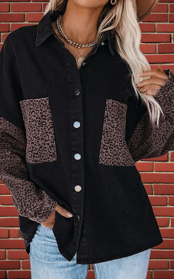 Jessica Leopard Denim Jacket | Black