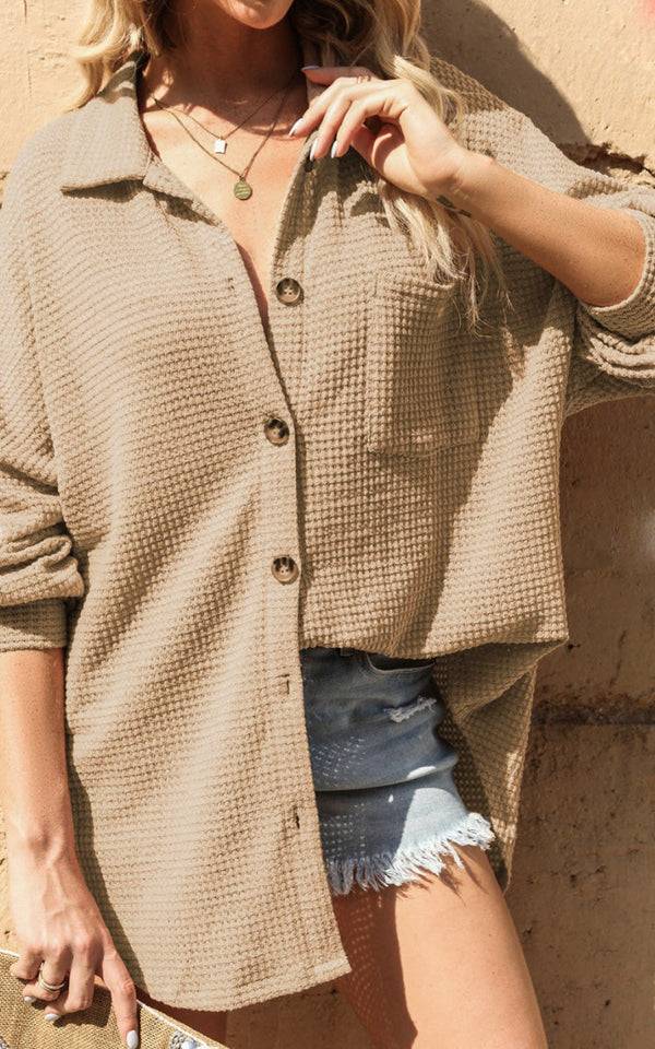 Sienna Waffle Knit Button Up | Khaki