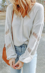 White Lace Sleeve Ribbed Top