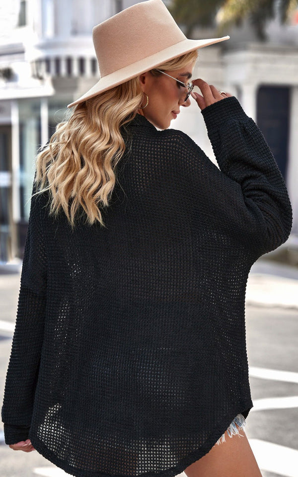 Sienna Waffle Knit Button Up | Black
